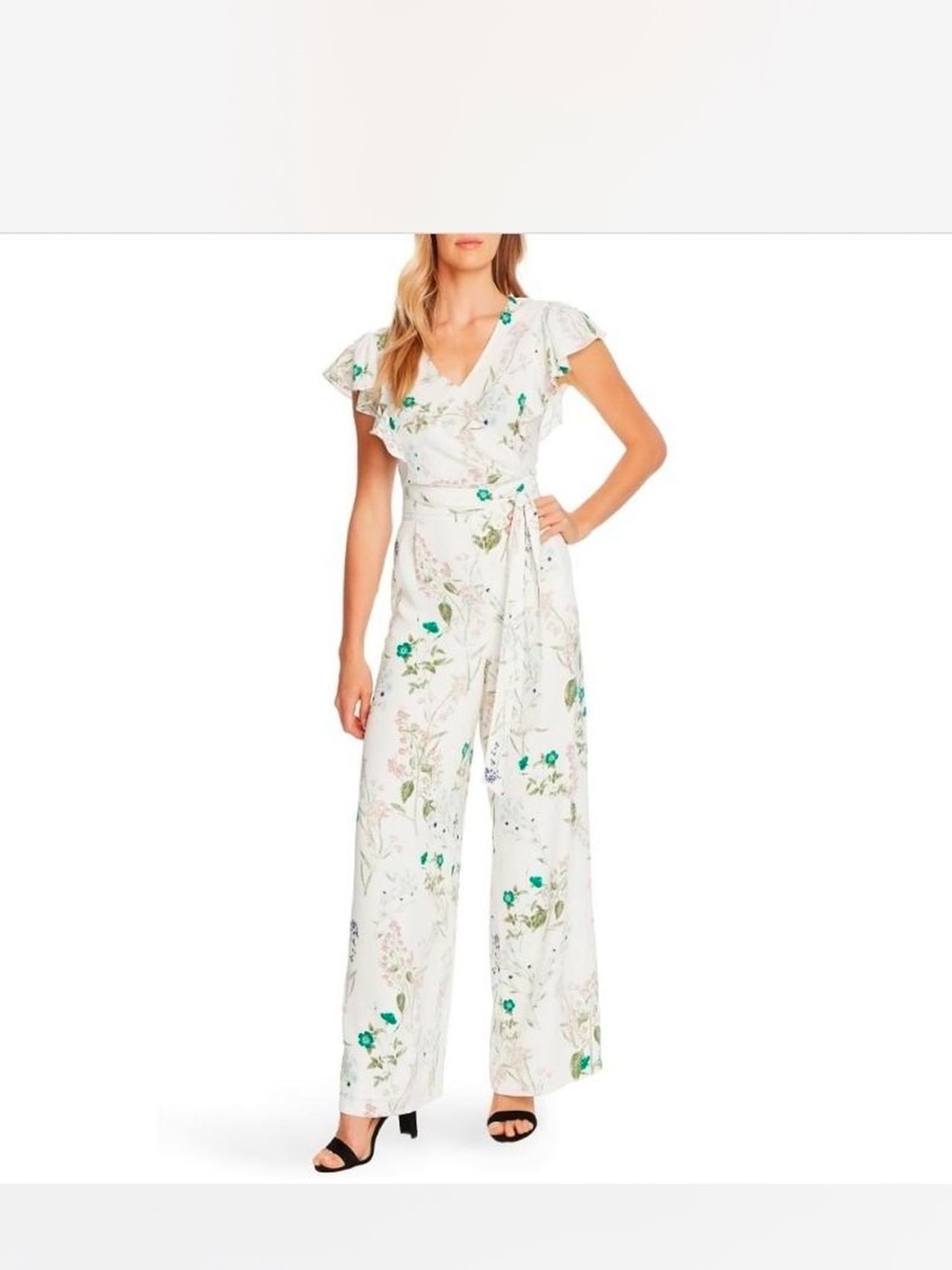 CeCe White Floral Wrap Jumpsuit with Green Accents